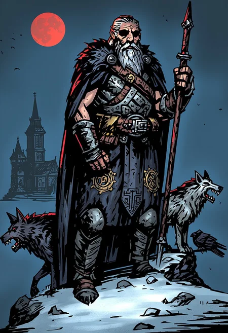 inked comic illustration in dd artstyle, (Odin), (scandinavian god), one-eyed, pale skin, very tall and old warrior with one dark empty eye in detailed viking armour with intricate runic gravings and black fur cloak, holding spear, long dark gray hair, standing accompanied with two wolves and two ravens, snowy background, moonlight casting shadows, blood moon and pagan scandinavian church at background, rocky ground, natural lighting, epic shot, dutch angle