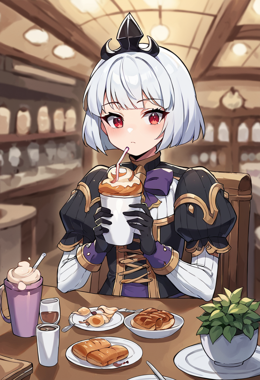 score_9, score_8_up, score_7_up, source_anime BREAK  Orphea, tiara, white hair, short hair, red eyes, gown, puffy sleeves, leggings, black gloves, purple bow, cafe, holding cup  <lora:OrpheaPonyXLP-000040:1>