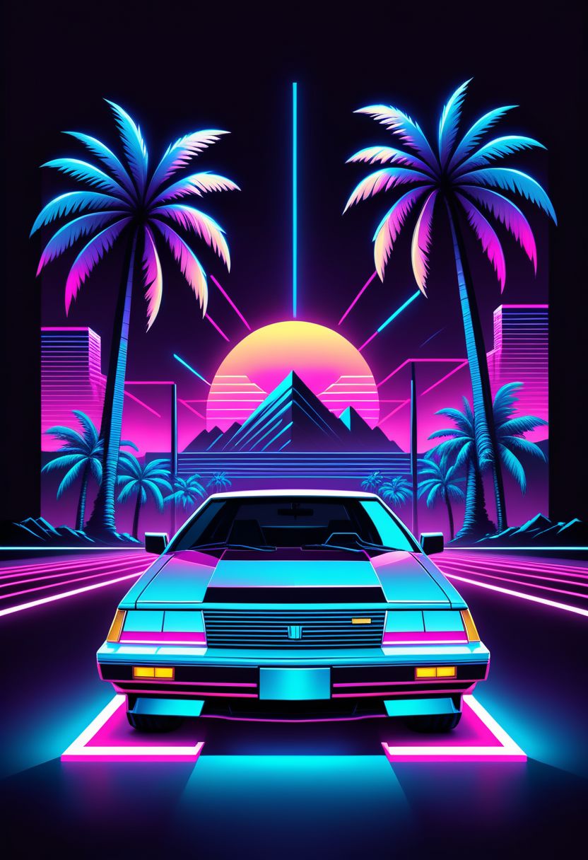 "a minimalist and high-contrast print design inspired by the Synthwave genre and the aesthetics of the 80s. Utilize vibrant neon colors against a dark background to evoke a retro-futuristic feel. Incorporate a car , iconic symbols such as palm trees or cassette tapes, and emphasize geometric shapes and sharp lines for a sleek and modern look. Keep the design clean and focused, capturing the essence of Synthwave's nostalgic vibe with a contemporary twist."