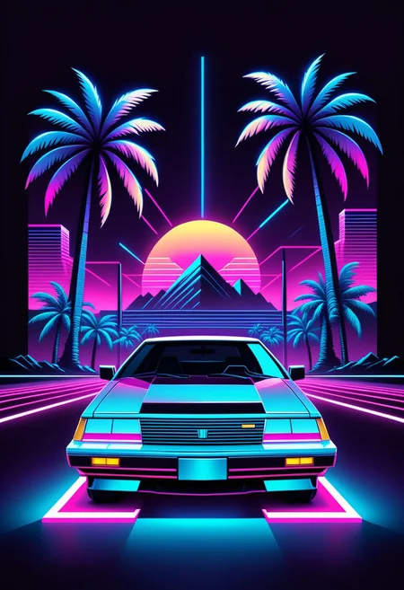 "a minimalist and high-contrast print design inspired by the Synthwave genre and the aesthetics of the 80s. Utilize vibrant neon colors against a dark background to evoke a retro-futuristic feel. Incorporate a car , iconic symbols such as palm trees or cassette tapes, and emphasize geometric shapes and sharp lines for a sleek and modern look. Keep the design clean and focused, capturing the essence of Synthwave's nostalgic vibe with a contemporary twist."