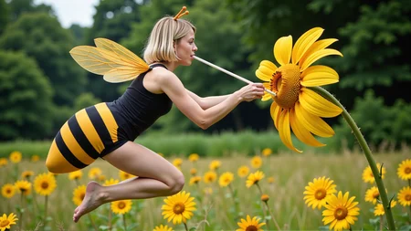 cinematic photo a (25 year old girl:1.5), she has huge bee wings attached to her back and bee antennae attached to her head, she's wearing a( black and yellow:1.2) horizontally striped figure hugging lycra minidress, the dress has a human sized (fuzzy bee abdomen attached sticking out at the butt:1.3)
she has blonde hair in a bob cut, she has a slim figure and long legs, she has medium sized breasts
she's hovering in midair in front of a enormous flower, the flower is bigger than the girl, ready to drink it's nectar through a long straw, the straw is held in her hand with the end (stuck into the flower:1.3)
she's in a meadow of enormous wild flowers,, score_9, score_8_up, score_7_up, hyperdetailed, hyperrealistic, best quality, (masterpiece:1.3),high-definition, intricate details, volumetric lighting, symmetrical face, level eyes, . 35mm photograph, film, bokeh, professional, 4k, highly detailed