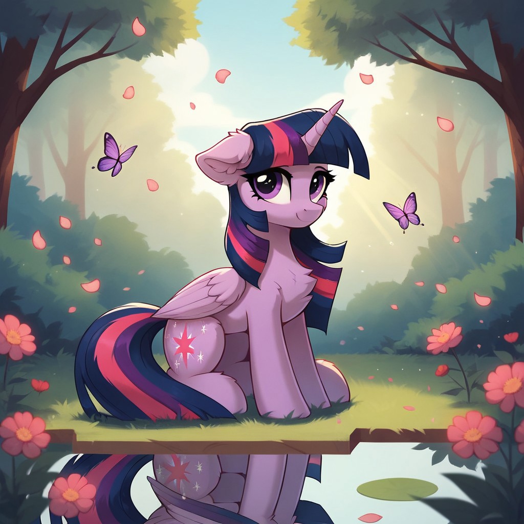 score_9, score_8_up, score_7_up, score_6_up, twilight sparkle, alicorn, butterfly, pony, g4, bow, chest fluff, crepuscular rays, cute, ear fluff, eye reflection, female, floppy ears, fluffy, grass, high res, horn, looking at you, mare, nature, day, petals, reflection, sitting, smiling, solo, folded wings, twilight sparkle (alicorn), wing fluff, wings, looking away