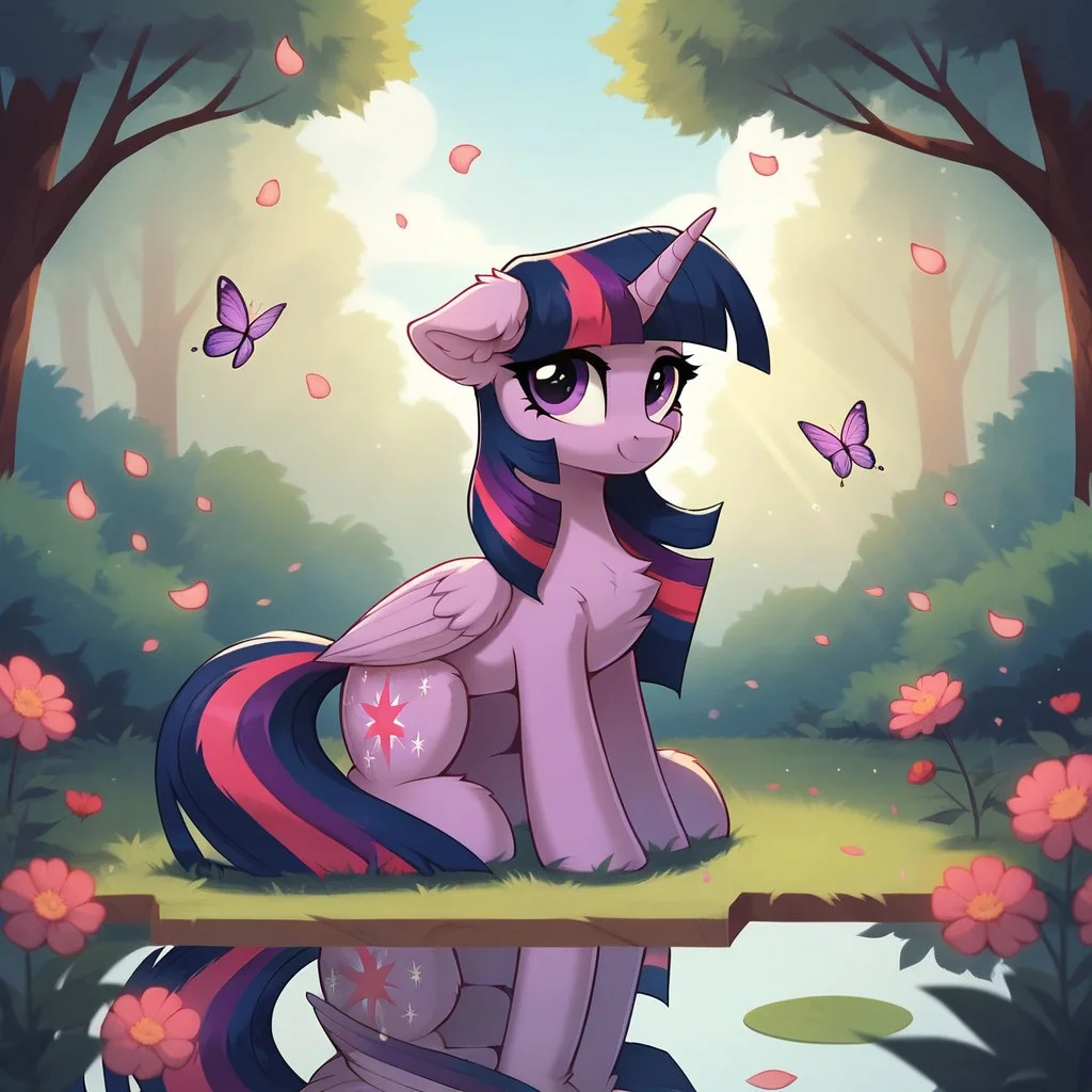 score_9, score_8_up, score_7_up, score_6_up, twilight sparkle, alicorn, butterfly, pony, g4, bow, chest fluff, crepuscular rays, cute, ear fluff, eye reflection, female, floppy ears, fluffy, grass, high res, horn, looking at you, mare, nature, day, petals, reflection, sitting, smiling, solo, folded wings, twilight sparkle (alicorn), wing fluff, wings, looking away