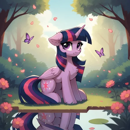 score_9, score_8_up, score_7_up, score_6_up, twilight sparkle, alicorn, butterfly, pony, g4, bow, chest fluff, crepuscular rays, cute, ear fluff, eye reflection, female, floppy ears, fluffy, grass, high res, horn, looking at you, mare, nature, day, petals, reflection, sitting, smiling, solo, folded wings, twilight sparkle (alicorn), wing fluff, wings, looking away