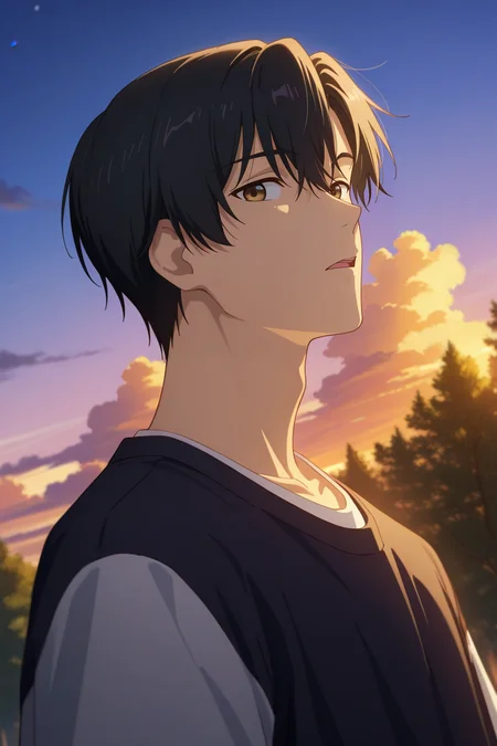 masterpiece, best quality, amazing quality, very aesthetic, high resolution, ultra-detailed, absurdres, newest, scenery, volumetric lighting, depth of field,anime screencap, , , 1boy, solo, male focus, <lora:yexiu:0.86>Ye Xiu, black hair,brown eyes, short hair,Looking at viewer, open mouth, shirt,black shirt,white shirt,outer white, inner white sleeves,upper body, outdoors, parted lips, sky, cloud, tree, sunset,from below