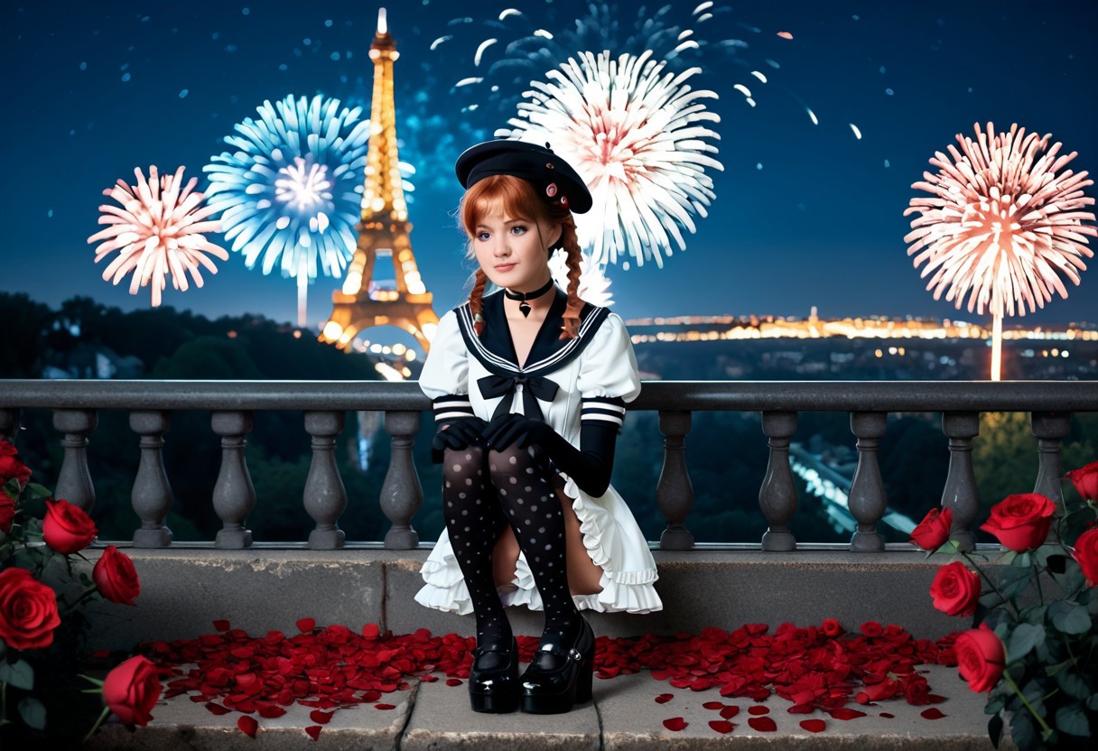 girl, light brown long wavy hair, hair in two braids, black hair ribbons, choker, sitting, night, eiffel tower, landscape, full length, hands on knees, red roses, petals, fireworks, beret, black hat, gray dress, sailor collar, sailor collar with frills, short sleeves, puff sleeves, mini dress, frill dress, black gloves, elbow-length gloves, black tights, polka dot tights, black shoes, mary jane shoes, flat shoes, platform shoes