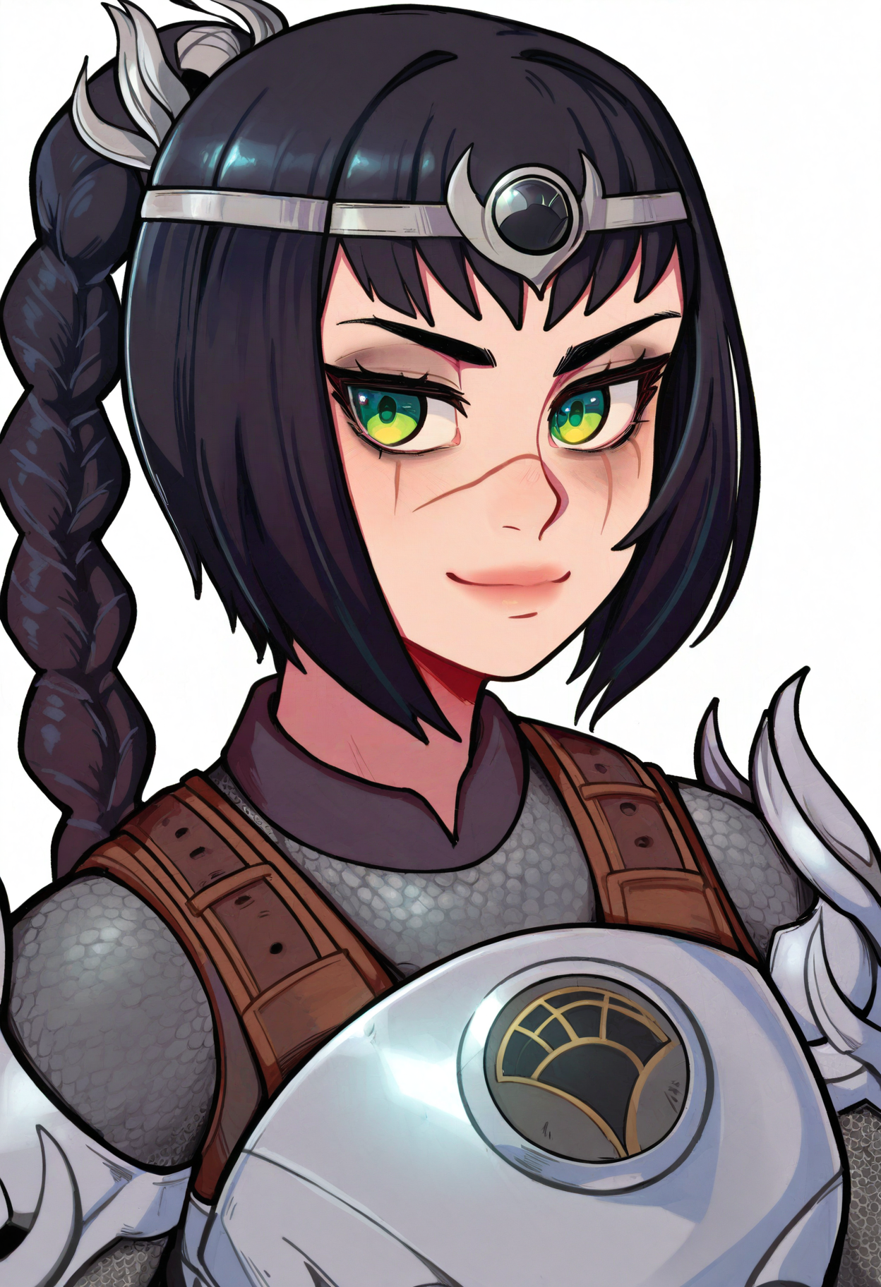 best quality, amazing quality, very aesthetic, absurdres, BREAK
1girl, solo, shadowheart, black hair, braided ponytail, green eyes, scar on face, circlet, armor,
smile, looking at viewer, upper body, simple background, white background, <lora:ShadowHeartIllustrious_byKonan:0.8>,  <lora:NivarisNoob_byKonan:1>