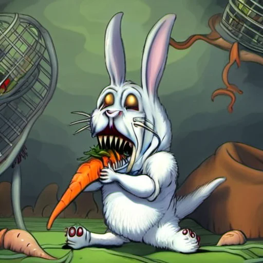 a monster rabit eating a lage screaming carrot in a cage <lora:rob_sheridan_drawing_style:1>