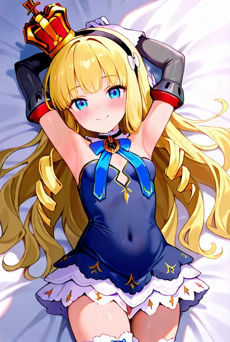 masterpiece, High quality, Ultra detailed, 2d, newest, absurdres, highres, BREAK
1girl, solo, <lora:QNELI_v2_LISETTElora:0.8>, qneli, long hair, blonde hair, mini crown, black hairband, blue eyes,
small breasts, qnelidef, blue bow, short dress, dress, bare shoulders, detached sleeves, white gloves, white thighhighs,
from above, arms up, armpits, on bed, lying, smile, blush,