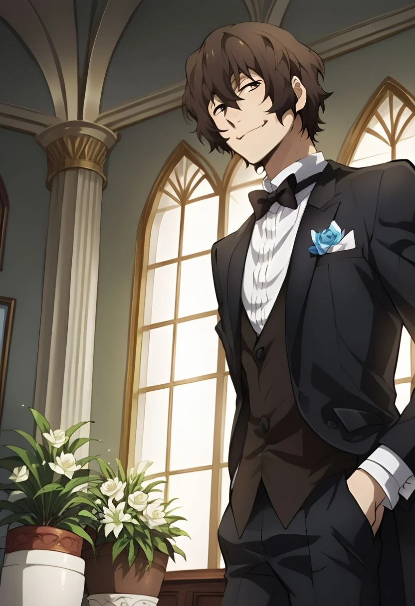 Score_9, Score_8_up, Score_7_up, masterpiece, best quality, many details, Dazai Osamu, alone, brown hair, hair between the eyes, 1 boy, bun, male focus, bow tie, formal, suit, hands in pockets, tuxedo, good lighting, realistic shading, counter shading, detailed hair, shiny skin, smile, from below, close up, attractive, seductive, inside, marble walled room, gold details on the walls, plants