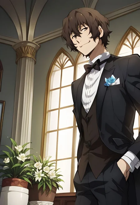 Score_9, Score_8_up, Score_7_up, masterpiece, best quality, many details, Dazai Osamu, alone, brown hair, hair between the eyes, 1 boy, bun, male focus, bow tie, formal, suit, hands in pockets, tuxedo, good lighting, realistic shading, counter shading, detailed hair, shiny skin, smile, from below, close up, attractive, seductive, inside, marble walled room, gold details on the walls, plants