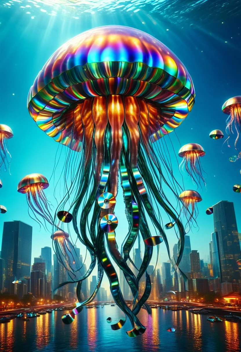 cinematic photo of a giant jellyfish (((made of cd's))) floating above a cityscape, surrounded by smaller jellyfish (((made of cd's))) with reflective tentacles, cinematic, colorful background, concept art, 8k, dramatic lighting, high detail