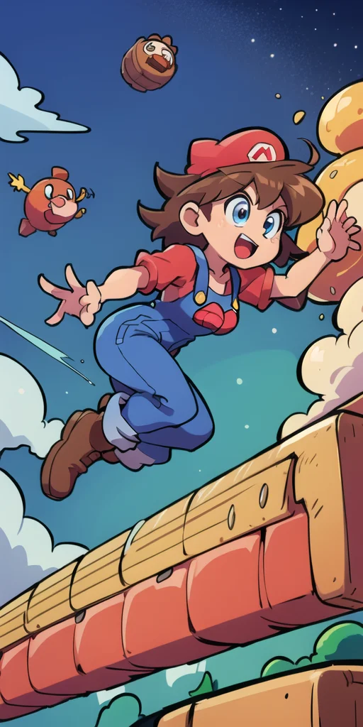 1man, <lora:TFMToonWorld:1> 80's anime style, <lora:SuperMario:0.7> supermario jumping through the air with coins, brick blocks floating in the air, sunny day with clouds, clouds with faces, hills, denim overalls, red hat, red shirt, brown shoes