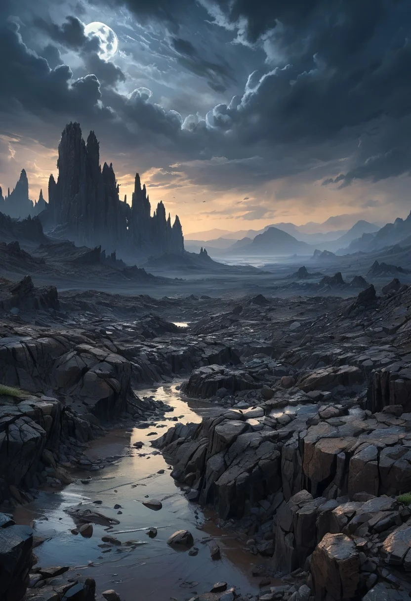 masterpiece, 8k, UHD, best quality, high res, amazing quality,
soft painting, absurdres,
exciting, intriguing, magnificent, mind-blowing,
black, rocky wasteland under a low, leaden sky, night, darkness around, no human, primal world, no lights,
awesome background,
high detailed, intricate,
linquivera, liiv1