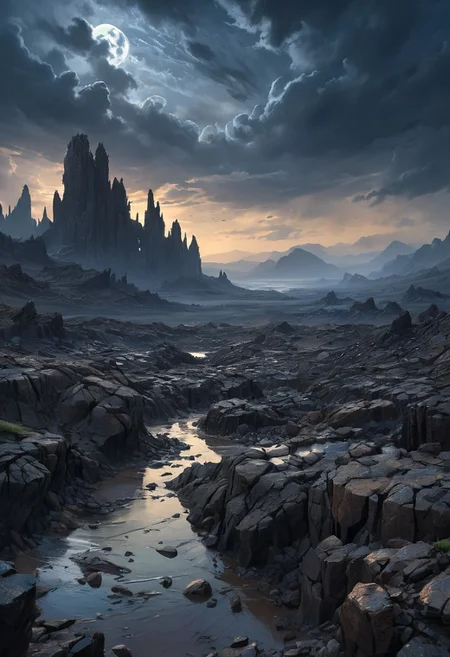 masterpiece, 8k, UHD, best quality, high res, amazing quality,
soft painting, absurdres,
exciting, intriguing, magnificent, mind-blowing,
black, rocky wasteland under a low, leaden sky, night, darkness around, no human, primal world, no lights,
awesome background,
high detailed, intricate,
linquivera, liiv1