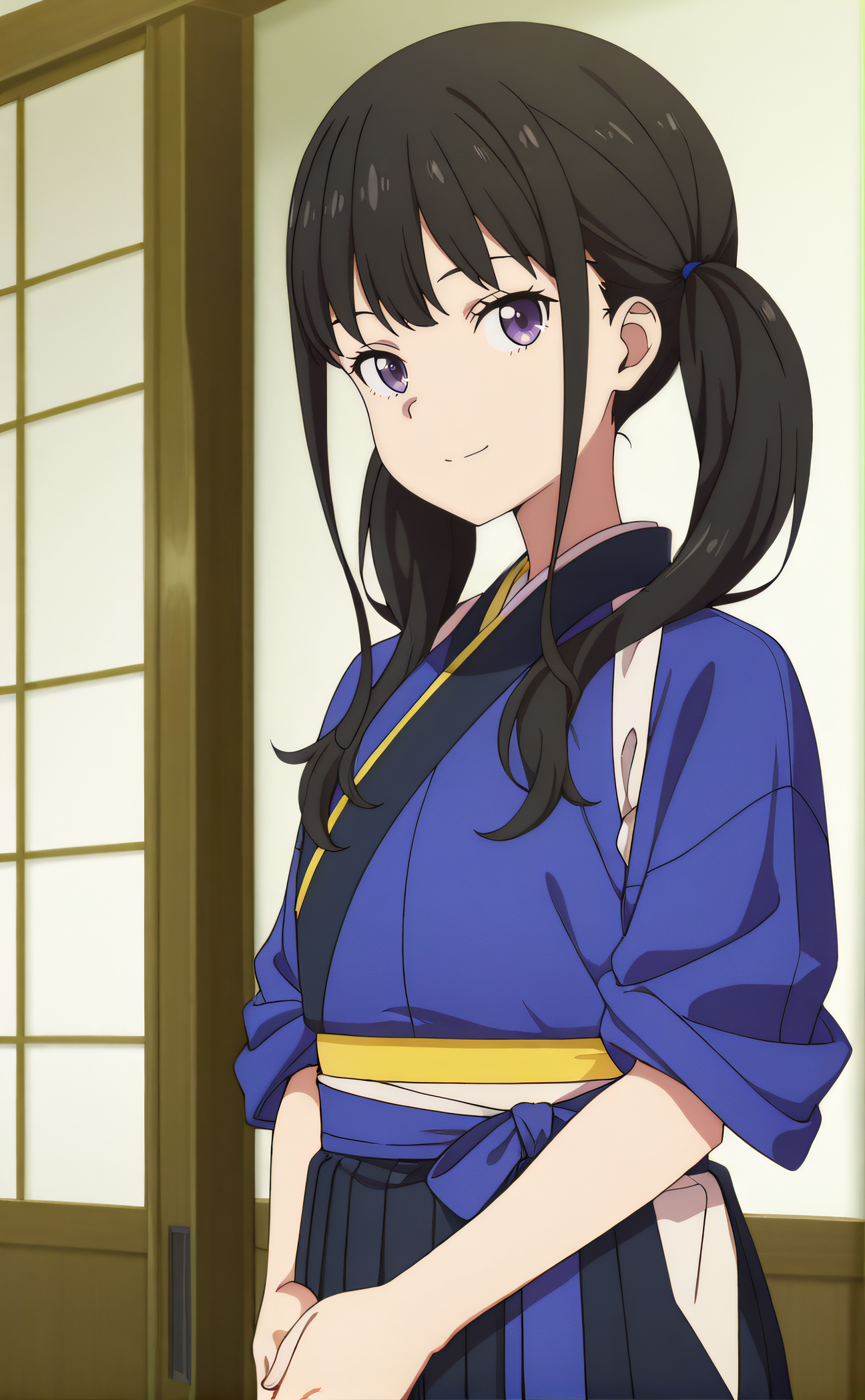 masterpiece, best quality, highres, newest, 1girl, solo, official style, anime screencap, <lora:Inuoe_Takina:1>, takina, black hair, twintails, purple eyes, japanese clothes, rolled up sleeves, indoor, looking at viewer, expressionless, smile, own hands together