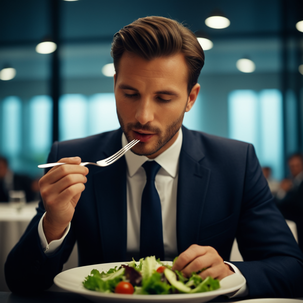 cinematic film still of  <lora:hand 5.5:0.9>
a man in a suit eating a salad with  1fork, shallow depth of field, vignette, highly detailed, high budget, bokeh, cinemascope, moody, epic, gorgeous, film grain, grainy