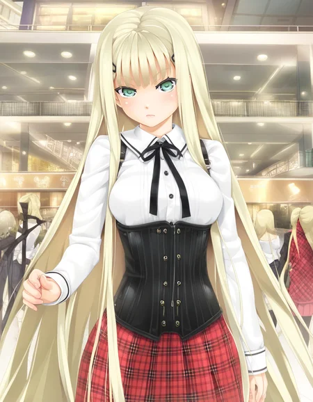 kannagi yuuri, light green eyes, blonde hair, very long hair, sidelocks, hairclip, large breasts, red plaid skirt, black corset, white shirt, long sleeves, black ribbon, long sleeves, mall, <lora:Biman Adam-000063:1>