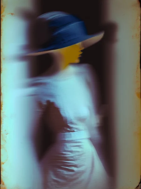 <lyco:Sarah Moon:1.0> sarah moon a woman in a dress and hat going near the wall. long exposure, photorealism , vintage photo, pastel color