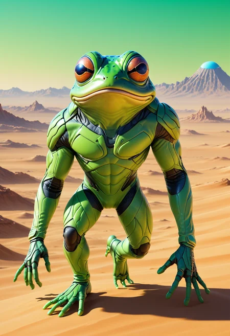 space-themed A smiling, alien frog wearing a translucent lime green stillsuit is shown in the midst of a desert, from above, its chest is wide and imposing revealing its non-human form, volumetric dust swirls around it as if caught by an unseen wind, background features an iridescent comet streaking across the sky, scifi atmosphere Detailed lines accentuate the creature's musculature while maintaining realism,  detailed, realistic, 8k uhd, high quality, . cosmic, celestial, stars, galaxies, nebulas, planets, science fiction, highly detailed,  <lora:StillsuitXL_v1.32:0.4> stillsuit