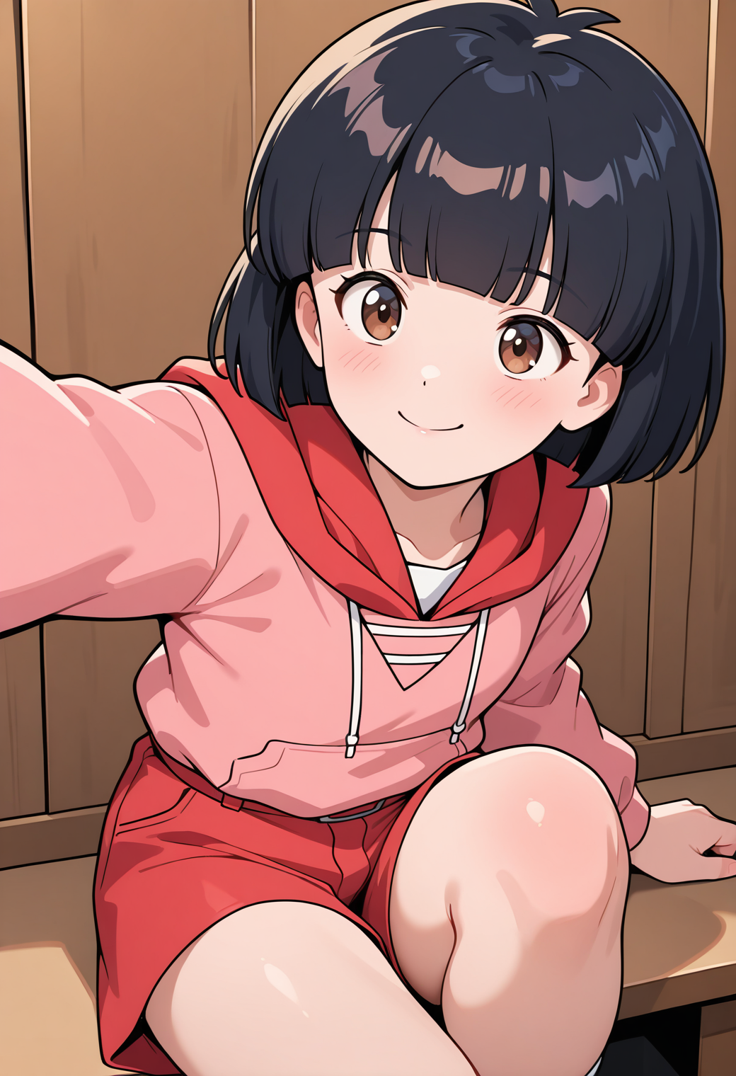 masterpiece, best quality, very aesthetic, absurdres, 1girl, solo,
<lora:shikatani_uiba_v01:0.9>, shikatani_uiba, black hair, short hair, bob cut, blunt bangs, brown eyes,
red hood, pink hoodie, long sleeves, red shorts, smile, posing