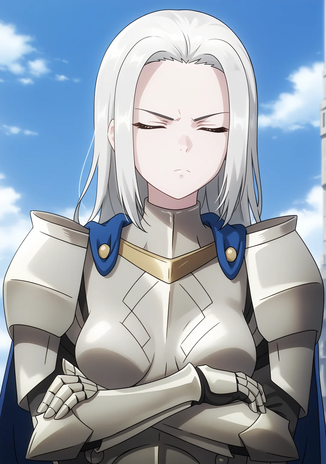 score_9, score_8_up, score_7_up, score_6_up, score_5_up, score_4_up, grey_armor, Scama_Elbero, medium_breasts, solo, closed_eyes, forehead, closed_mouth, frown, plate_armor, breastplate, boobplate, shoulder_armor, pauldrons, gauntlets, blue_cape, crossed_arms, upper_body, outdoors, day, blue_sky, cloudy_sky, <lora:Scama_Elbero_V1(SDXL)_1:1> <lora:hand 4:1>, Hand, detailed, perfect, perfection, hands,