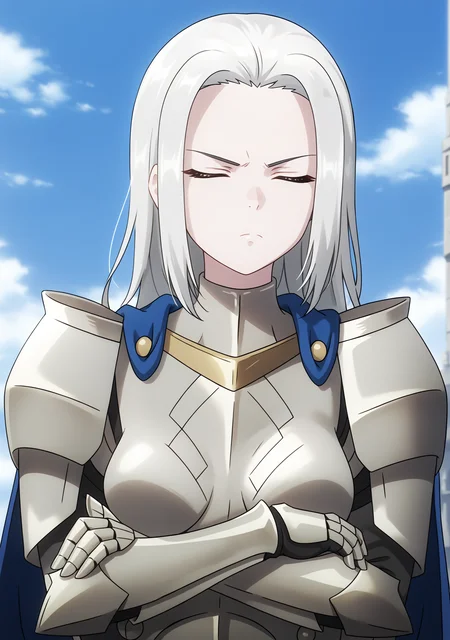 score_9, score_8_up, score_7_up, score_6_up, score_5_up, score_4_up, grey_armor, Scama_Elbero, medium_breasts, solo, closed_eyes, forehead, closed_mouth, frown, plate_armor, breastplate, boobplate, shoulder_armor, pauldrons, gauntlets, blue_cape, crossed_arms, upper_body, outdoors, day, blue_sky, cloudy_sky, <lora:Scama_Elbero_V1(SDXL)_1:1> <lora:hand 4:1>, Hand, detailed, perfect, perfection, hands,