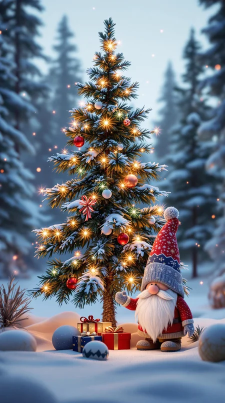 Cgi- New Year tree, next to it Scandinavian Christmas gnome in Kaws style, glowing elements, gradient background winter forest, Unreal Engine, Octane render