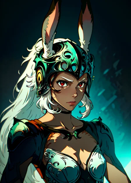 <lora:Fran:0.7>, fran \(ff12\), helmet, crimson eyes, white hair, long hair, armor
(masterpiece:1.2), (best quality, high quality, absurdres, 8k, (Studio Trigger style), studio lighting, high contrast), (beautiful viera, highly detailed), expressive eyes, 1girl, athletic<lora:None:1>