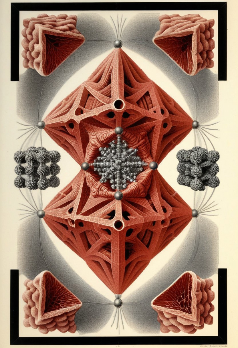 Etching by Maurits Escher and Ernst Haeckel: Beeswax Sierpiński gasket intersecting a soap_film bubble_Mandelbrot set intersecting an aerogel 25th level Menger cube interwoven with titanium wire chewed by dermestids from carpets at Middlesex U. Encased in a lucite tesseract with red coral-like vitreous filament inclusions.