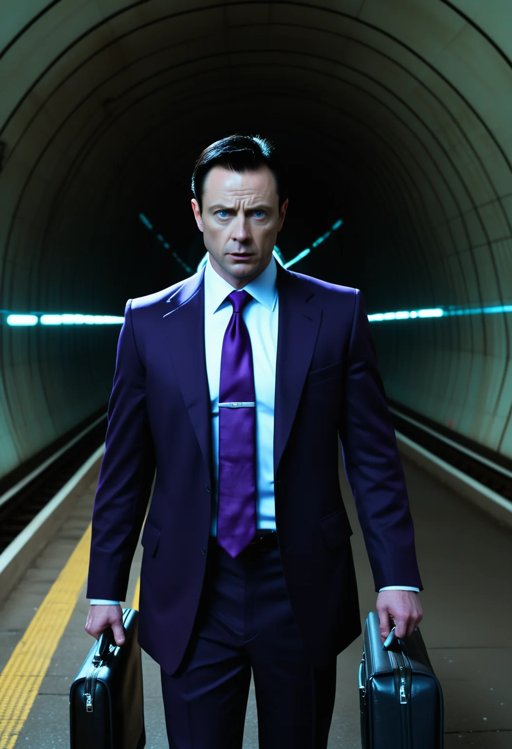 the g-man, thin middle-aged, suit, dark purple tie, briefcase, pale skin, black hair, dark blue eyes, expressionless, city 17 tunnel at night,
combinestyle