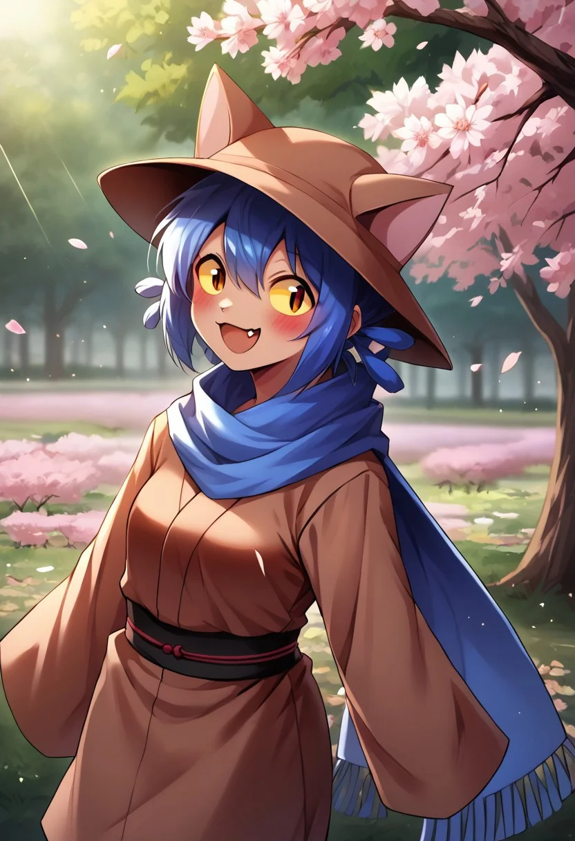 hyper realistic lighting, hyper realistic, extremely detailed, light particles, explict content, High quality, high res, digital art, masterpiece, soft shading, realistic lighting, sfw, (outdoors, cherry blossoms), boring_e621_v4, negative_hand-neg, score_9, score_8_up, score_7_up, source anime,
cniko, blue hair, short hair, hair between eyes, whiskers, cat hat, yellow sclera, brown eyes, slit pupils, happy, blushing, smile, fang, cute fang, fang poking out, blue scarf, brown dress, long sleeves, sleeves past fingers, sleeves past wrists, black legwear, breasts, small breasts, full body, flowers, many flowers, festival, nature, sakura, cherry blossoms,