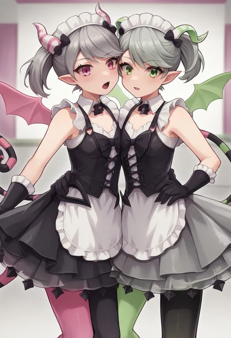 score_9,2d,source anime,masterpiece,2girls, ygoarianna, green eyes, green wings, green tail, green horns, green/black thighhighs, pantyhose, twintails, maid, ygoariane, pink eyes, pink wings, pink tail, pink horns, black/pink thighhighs, cowboy shot, gloves, duel monster, bedroom, blurry background, dutch angle