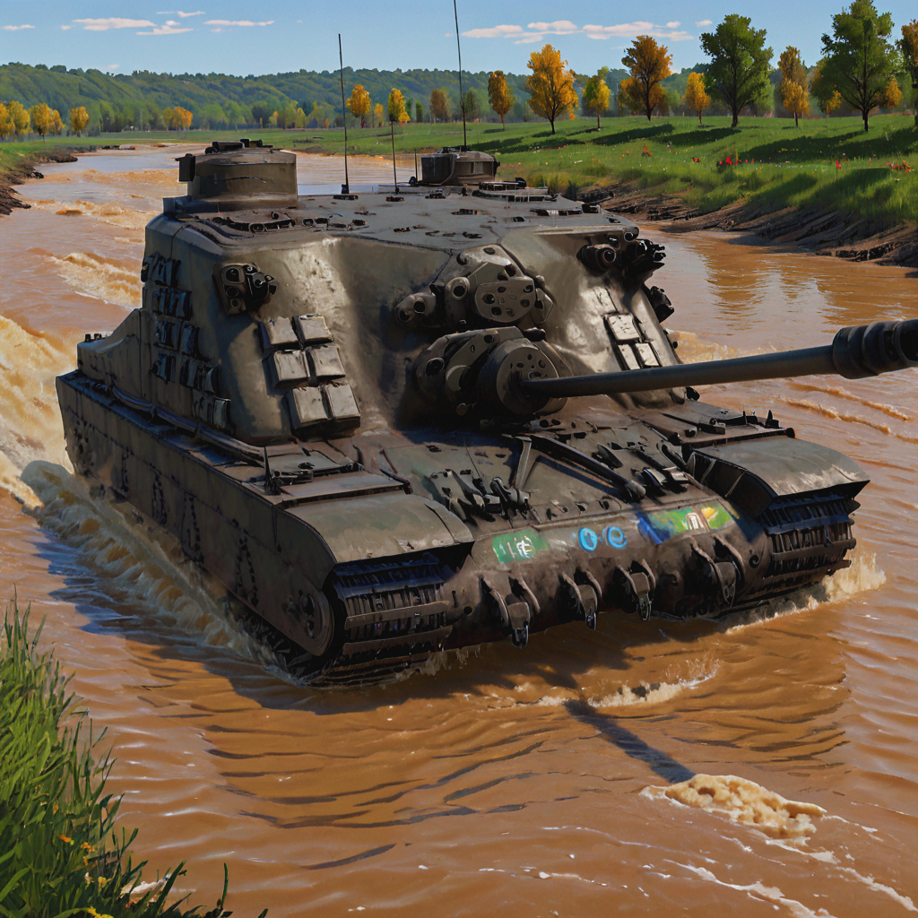 A trtsetnk heavy assault tank during a river crossing operation, fording a wide, muddy river with water churning around its hull. The scene captures the tank's power and capability to operate in varied and difficult terrain, supported by engineers and infantry  ((pulp_comic, heavy_lines, hand_drawn, hand_inked, hand_colored, perfect_face, apxlz))