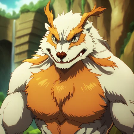 pe riyuro, quagoa, anthro, furry, fur, male, furry, furry male, solo, fangs, upper body, muscular, male focus, muscular male, physalis peal fur, golden fur, grey eyes, building, palace, cavern, cave, looking at viewer, blurry background, masterpiece, ultra detailed, high quality, score_9, score_8_up, score_7_up, score_6_up