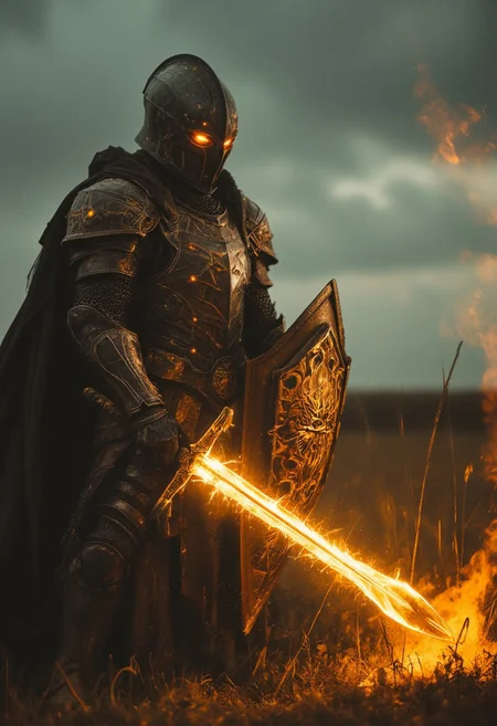 Closeup of a Action Scene shot of a towering warforged hkstyle knight with Long billowing cape in the heat of an intense, action-packed battle, captured with the gritty realism of an old analog camera. The hkstyle knight's intricately designed, battle-worn helmet emits glowing amber eyes and reflects the glow of his weapon—an arcane sword. The blade crackles with golden energy, gathering at its tip, The energy radiates along the length of the blade, casting a glow that illuminates the knight’s helmet and armor, creating stark contrasts between light and deep shadows.
In his other hand, the knight wields an impressive shield, adorned with the iconic symbol of an elder god. The shield emanates a sense of awe as if imbued with divine magic, adding to the overall awe of his presence. The glow from the sword throws the intricate details of the shield into sharp relief, casting long shadows that flicker across the Long Plains scenery battlefield amidst grasslands