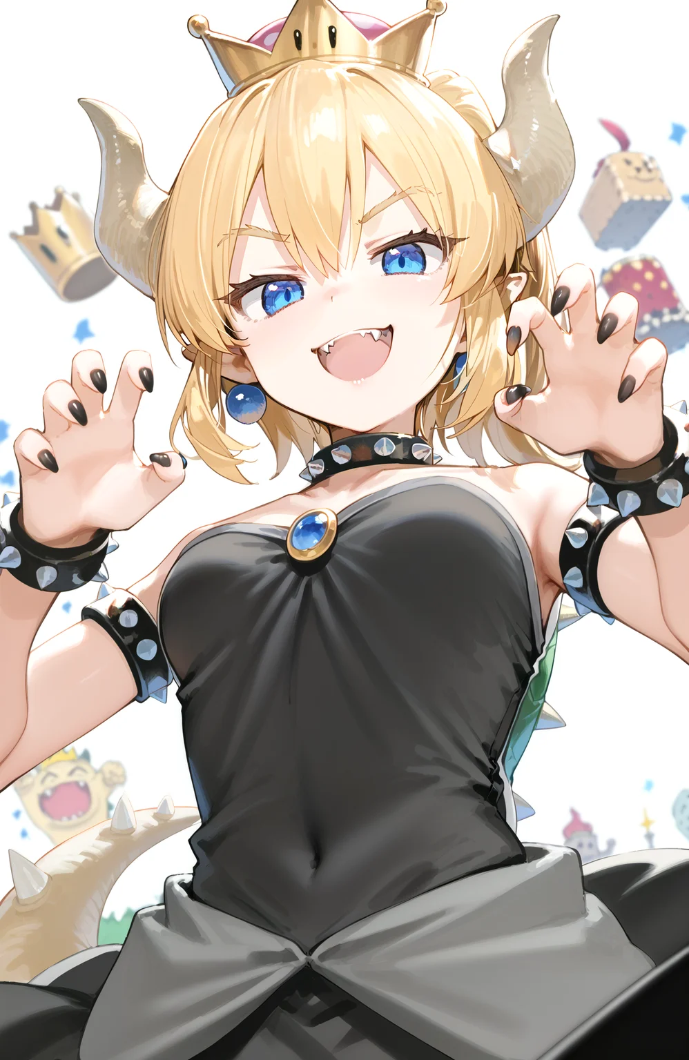 (score_9_up, score_8_up, score_7_up, ASCII score_9), perfect anatomy, aesthetic, detailed background, depth of field, 1girl, <lora:kanzarin+PDXL1-000010:1> kanzarin+, <lora:bowsette-ponyxl-lora-nochekaiser:1> bowsette, blue eyes, blonde hair, ponytail, medium hair, sidelocks, pointy ears, horns, crown, smile, smug, teeth, fangs, paw pose, white background, simple background, from below, open mouth, dutch angle,