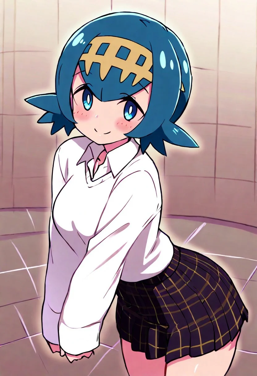 masterpiece, best quality, absurdres, medium breasts, (curvy), cute, eyelashes, vivid colors,
BREAK,
,,,
zzLana, yellow hairpiece, blue hair,
,,,
closed mouth, alternate costume, smile, looking at viewer, collared shirt, blush, sweater, black skirt, eyelashes, long sleeves, sleeves past wrists, plaid skirt, blurry, tile floor, pleated skirt, white shirt, cowboy shot,