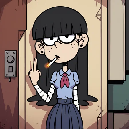score_9, score_8_up, score_7_up, 1girl, solo, Maggie, black hair, long hair, blunt bangs, black eyes, freckles, eyeliner, earrings, small breasts, narrow waist, wide hips, looking at viewer, middle finger, leaning back, against wall, alley, school uniform, smoking, highres, high quality, masterpiece, <lora:Maggie:0.8>