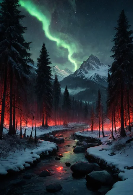 score_9, score_8_up, score_7_up, glowing river in the lush forest, extremely detailed, the horror of stars, snowy mountains, riverside village,  masterpiece, realistic, best quality, cosmic horror, Style-Volumetric, bright horror, s0lar, red lights