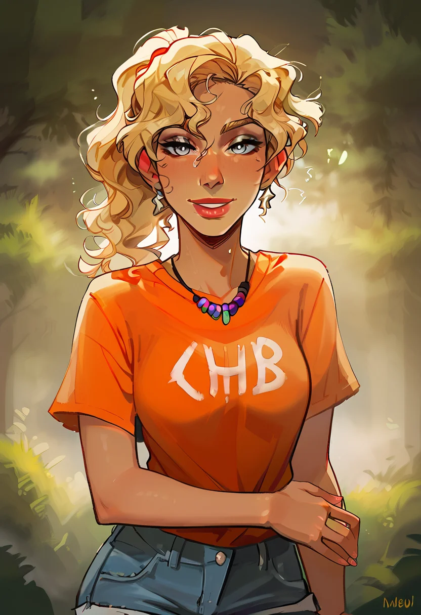 score_9, score_8_up, score_7_up, score_6_up, score_5_up, 1girl, 18 year old girl, blonde hair, stormy grey eyes, looking at viewer, medium breasts, facing viewer, simple background, cel shaded, orange t-shirt, blue shorts, jean shorts, standing up, smiling, happy, very lightly tanned skin and a slender athletic body, long honey-blond hair set in perfect princess curls like Cinderella, ponytail, (short sleeved shirt), good hands, one arm behind head other arm down, ((no_earrings)), string necklace with a few beads at the front, <lora:Smooth Anime Style LoRA XL:1> <lora:incase---1:0.8> <lora:add-detail-xl:0.4> <lora:Expressive_H:0.7>, <lora:15_AnnabethChase:0.7>, Annabeth, orange shirt, chb t-shirt, camp half blood tshirt, camp background
