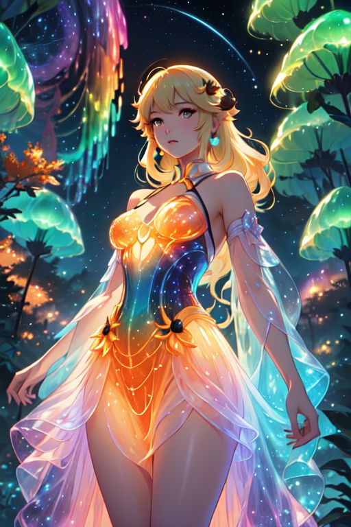 breathtaking 8k, masterpiece, solo sexy woman, (rainbow gradient bioluminescent dress), <lora:bioluminescent_dress-1.0:1>, (starry night background), nebula, aurora, ((outdoors)), dark background, from below, princess peach, blonde hair,