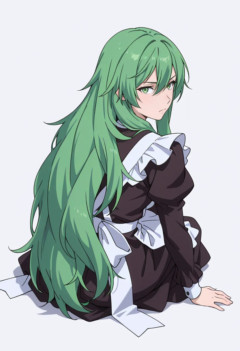 Smooth Quality,masterpiece,very intricate, high quality details, ultra realistic, high detailed skin,detailed enviorement,absurdres,
simple background, white background,solo,
kneeling pose, one hand on the ground, other hand reaching forward, focused gaze, tense muscles,  ,from behind,happy,
 <lora:Misery_cnn:0.8> 1girl, green hair, green eyes, hair between eyes, frown, very long hair, sidelocks,dress, shirt,maid apron, puffy sleeves, long sleeves, juliet sleeves, enmaided,