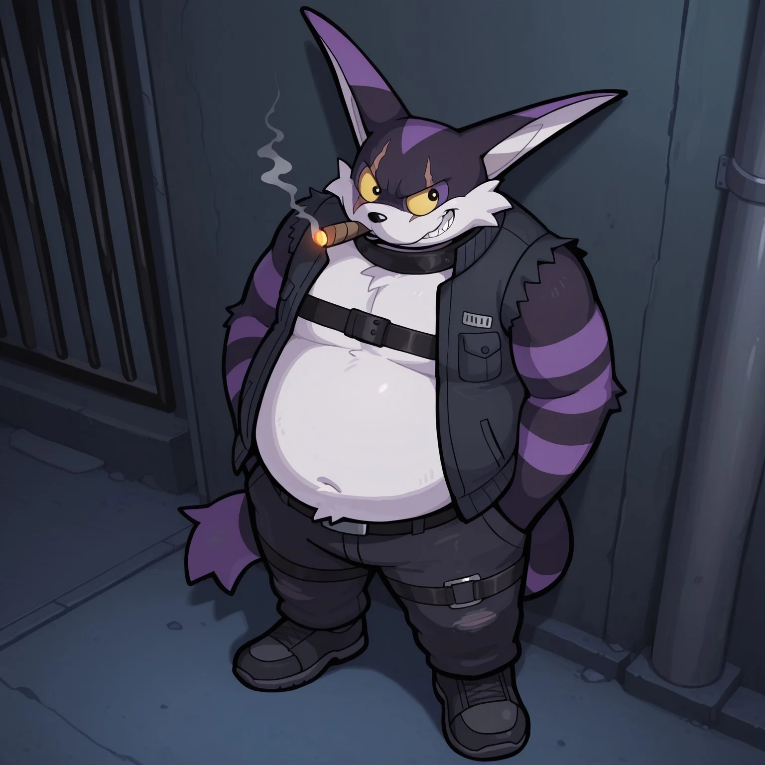 Smallsthecat, Solo, 2d, 1boy, male, Feline, furry, furry male, cat, male, long ears, black fur, purple fur, white fur, multicolored fur, white muzzle, black nose, eye scar, yellow sclera, black pupils, striped fur, fat, tail, white countershade torso, black harness, cigar in mouth, smoke, black vest, sleeveless, open vest, exposed belly, black leather pants, black shoes, black belt
BREAK from above, leaning against wall, hands in pockets, alleyway, standing, outside, night, dark environment, evil grin
BREAK best quality, amazing quality, very aesthetic, absurdres, newest, masterpiece, high quality