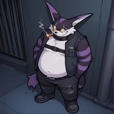 Smallsthecat, Solo, 2d, 1boy, male, Feline, furry, furry male, cat, male, long ears, black fur, purple fur, white fur, multicolored fur, white muzzle, black nose, eye scar, yellow sclera, black pupils, striped fur, fat, tail, white countershade torso, black harness, cigar in mouth, smoke, black vest, sleeveless, open vest, exposed belly, black leather pants, black shoes, black belt
BREAK from above, leaning against wall, hands in pockets, alleyway, standing, outside, night, dark environment, evil grin
BREAK best quality, amazing quality, very aesthetic, absurdres, newest, masterpiece, high quality