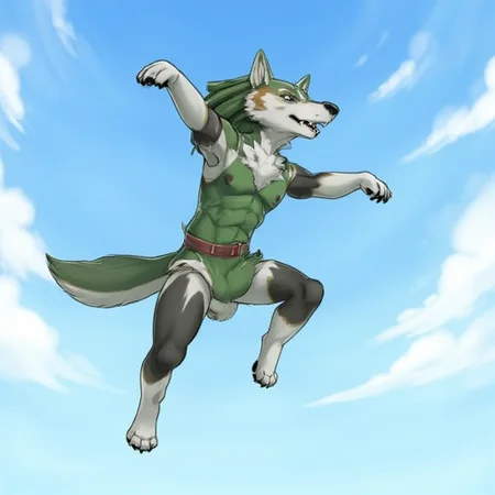 solo, male, anthro, anthro male, anthro furry male, furry male, wolf boy, adult, link (wolf form), wolf link, falling in the skies, arms to the side, spread legs, tail flapping in the wind