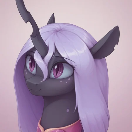 masterpiece, score_9, score_8_up, score_7_up, (best quality:1.1), ultra-detailed, high resolution, 1character, solo, Queen Gytha, changeling, feral, holey hoofs, ragged ears, crooked horn, black skin, pink freckles, very light purple membrane hair, very light purple membrane tail, smile, closed mouth highly Visible, portrait of a leader, modest ruler outfit, sharp focus, perfect lighting, beautiful eyes, eyelashes, anatomically correct, extremely detailed, high detail, cute face, natural In the royal garden, serene environment, simple background,