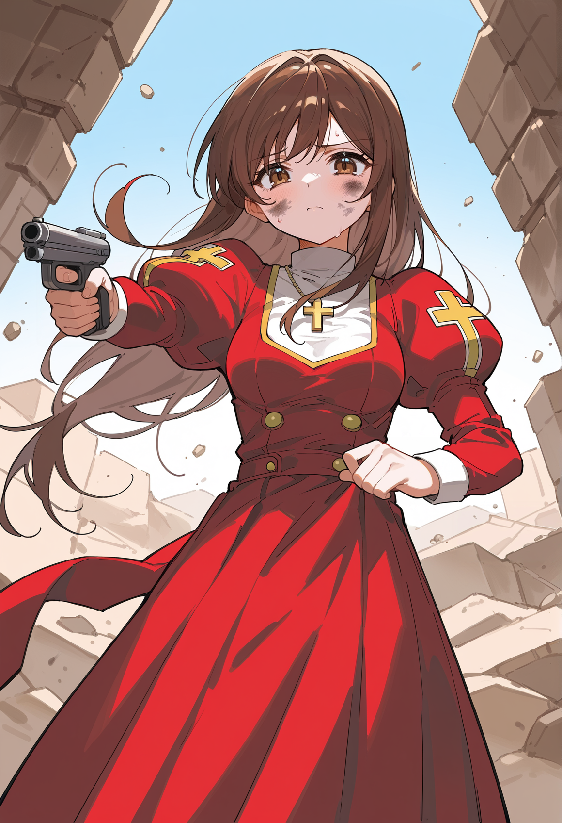 1girl, long hair, brown hair, sidelocks, brown eyes, Low-Tied Long Hair, long skirt, red dress, juliet sleeves, long sleeves, necklace, cross, torn clothes, sad, wind, outdoors, ruins, desert, sweat, wind, dirty, dirty face, torn clothes, holding gun, aiming at viewer, medium breasts, <lora:Erica_Fontaine:1>, score_9, score_8_up, score_7_up, score_6_up, score_5_up, score_4_up, BREAK source_anime, masterpiece