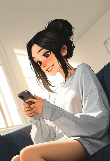 mature female, realistic, 1girl, (solo), russian, e-girl, long face, nose blush, reclining, (slender body), (blue oversized sweatshirt), long_sleeves, bottomless, small breasts, big round eyes, (hazel eyes), ((wide grin)), no bra, braless, untucked clothes, messy single bun hair, (black hair), sidelocks, (holding_phone), smartphone, (looking_at_phone), looking down, Iphone, light particles, warm lighting, sunrays, godrays, early morning, masterpiece scenario, instagram photo, half body, blushing, feet out of frame, sitting on couch, knees together, wide shot, window lighting, soft shadows, portrait, closeup of face, depth of field, blurry background, masterpiece, best quality, amazing quality, highest quality, crisp image, official art, incredibly absurdres, newest