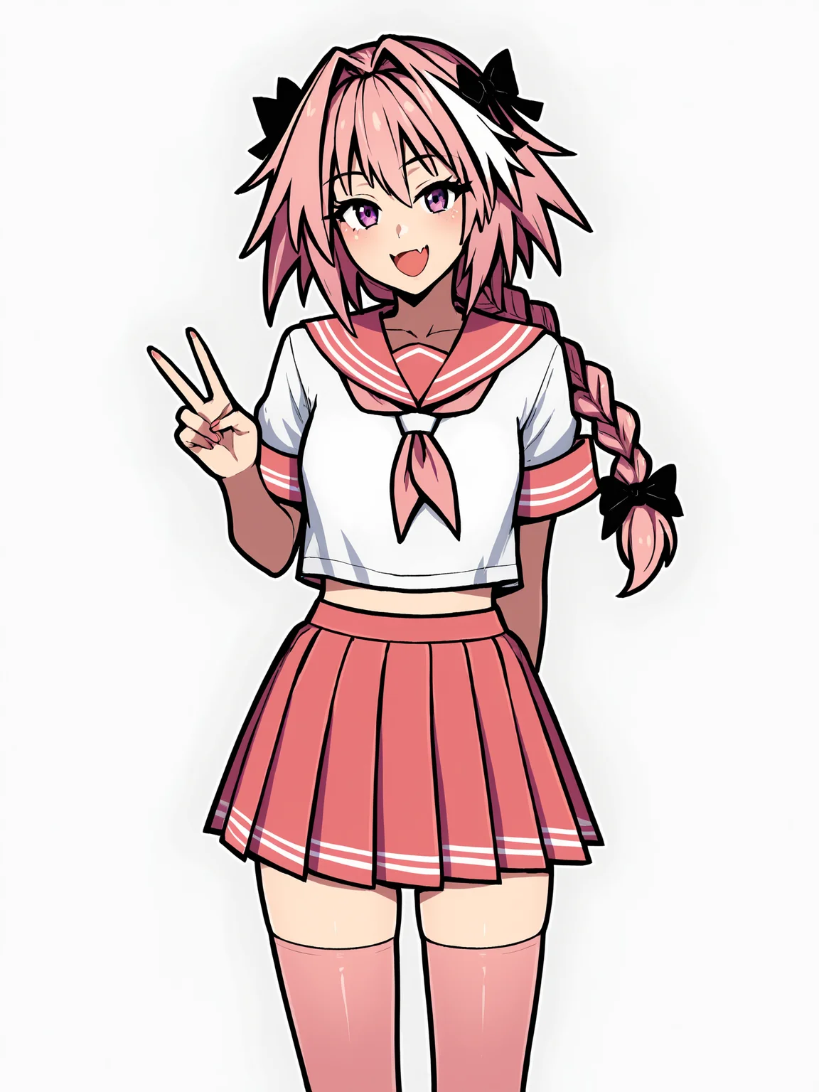 score_9, score_8_up, score_7_up, score_6_up, score_5_up, score_4_up, rating_safe
BREAK
astolfo \(fate\), otoko no ko, pink hair, braid,
BREAK
solo, standing, pink serafuku, white shirt, pink thighhighs, pink skirt, peace sign,
BREAK
white background, <lora:Lunas-AkaiRiot-SDXL-A1:1>